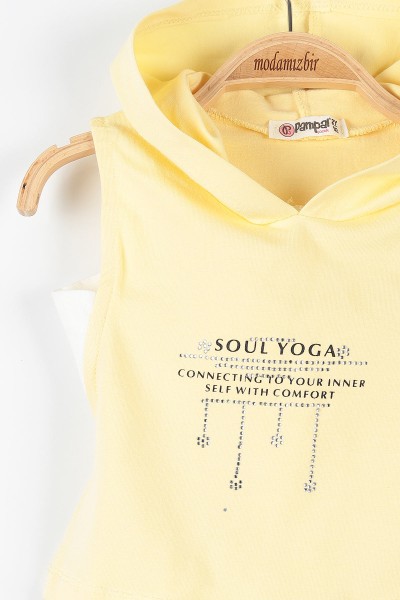 Sarı (2-5 Yaş) Yoga Baskılı Taş Detaylı Kapüşonlu Kız Çocuk Takım 176272