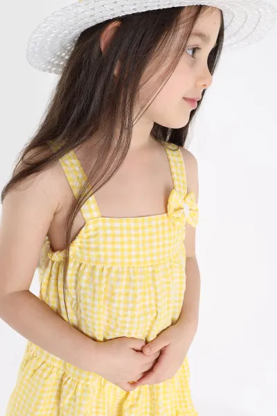 Sarı (3-10 Yaş) Fiyonklu Pötikare Desen Şapkalı Kız Çocuk Elbise 341683