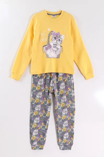 Sarı (3-15 Yaş) Kedi Baskılı Ribana Kumaş Kız Çocuk Pijama Takımı 477078