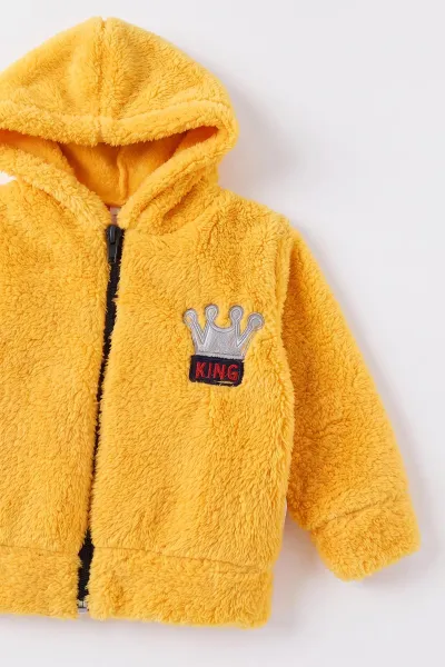 Sarı (3-24 Ay) King Nakışlı Peluş Hırkalı Kapüşonlu Kadife Altlı Erkek Bebek Kışlık Takım 497217
