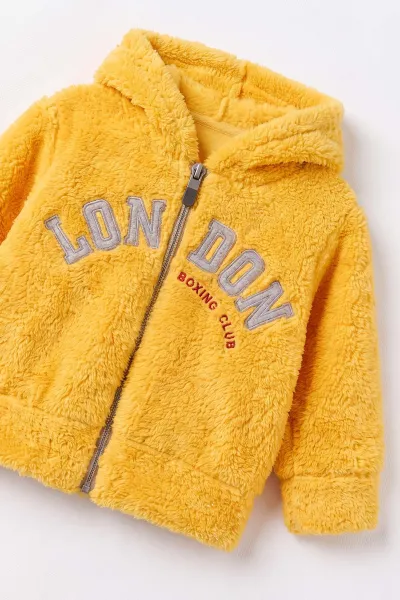 Sarı (3-24 Ay) London Nakışlı Hırkalı Peluş Erkek Bebek 2'li Takım 498183