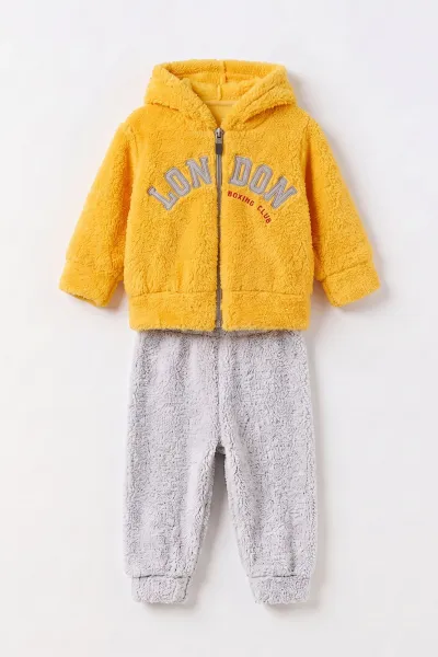 Sarı (3-24 Ay) London Nakışlı Hırkalı Peluş Erkek Bebek 2'li Takım 498183