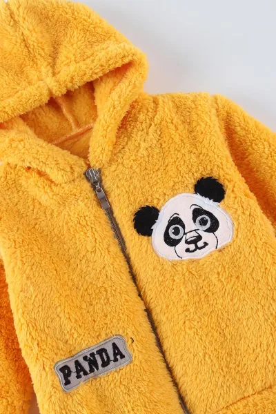 Sarı (3-24 Ay) Panda Nakışlı Fermuarlı ve Kapüşonlu Erkek Bebek Peluş Takım 497031