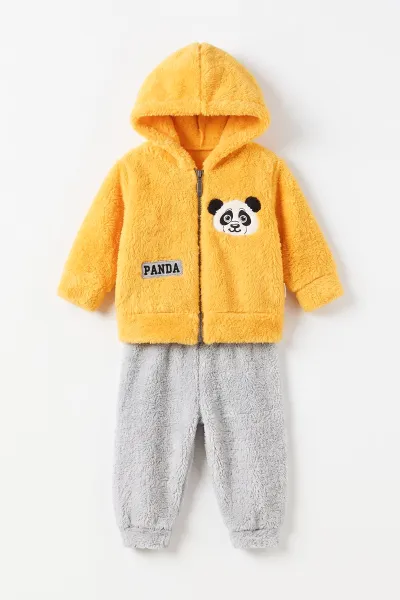 Sarı (3-24 Ay) Panda Nakışlı Fermuarlı ve Kapüşonlu Erkek Bebek Peluş Takım 497031
