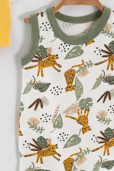 Sarı (3-6 Ay) Leopar Baskılı Çıtçıtlı Erkek Bebek 3'lü Tulum 468749