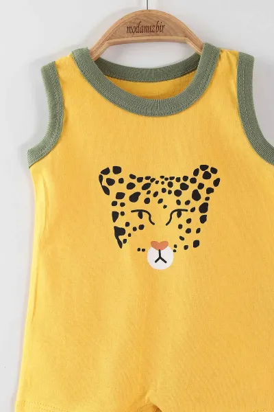 Sarı (3-6 Ay) Leopar Baskılı Çıtçıtlı Erkek Bebek 3'lü Tulum 468749