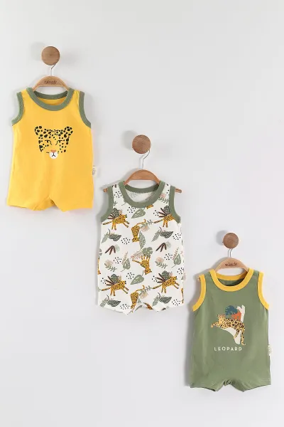 Sarı (3-6 Ay) Leopar Baskılı Çıtçıtlı Erkek Bebek 3'lü Tulum 468749