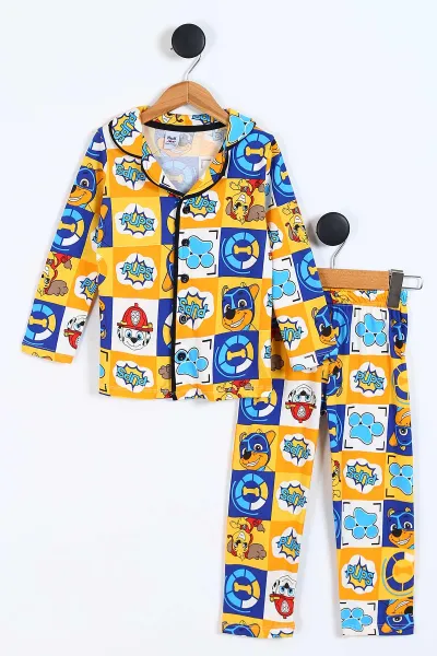 Sarı (3-8 Yaş)Pati  Baskılı Ön Düğmeli Erkek Çocuk Pijama Takım 337872