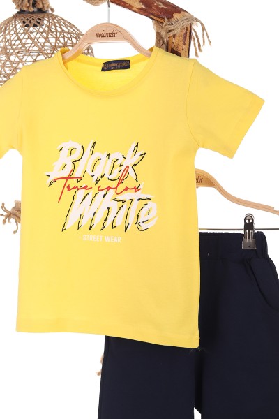 Sarı (5-8 Yaş) Black White Baskılı Şortlu Erkek Çocuk Takım 170164