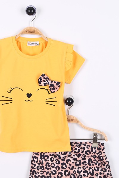 Sarı (5-8 Yaş) Kedi Baskılı Leopar Desenli Kız Çocuk Şortlu Takım 175002