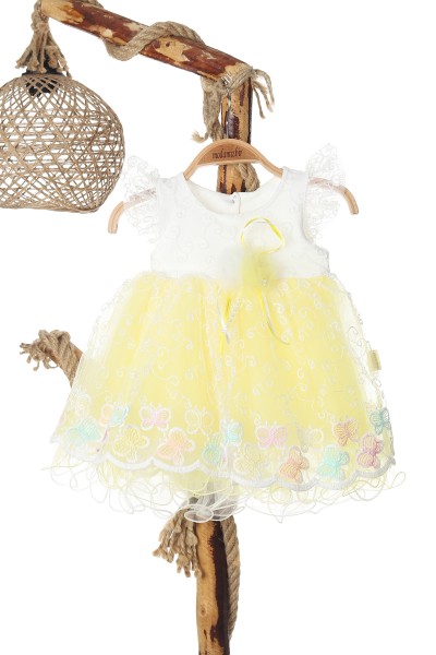Sarı (6-18 Ay) Kelebek Nakışlı İncili Taş Detaylı Tüllü Kız Bebe Elbise 167899