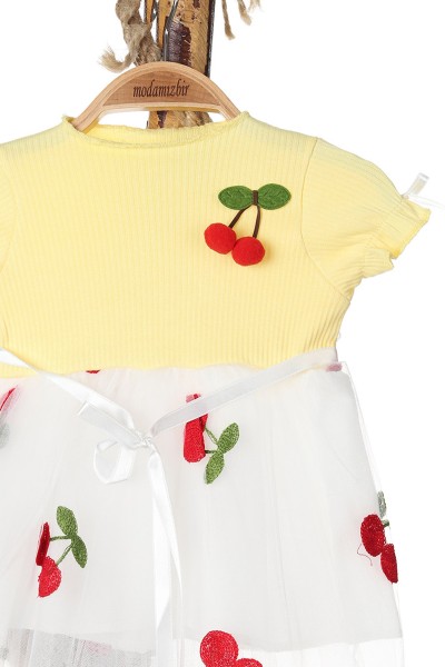 Sarı (6-18 Ay) Kiraz Nakışlı Bel Kurdeleli Kol Lastikli Kız Bebe Elbise 167903