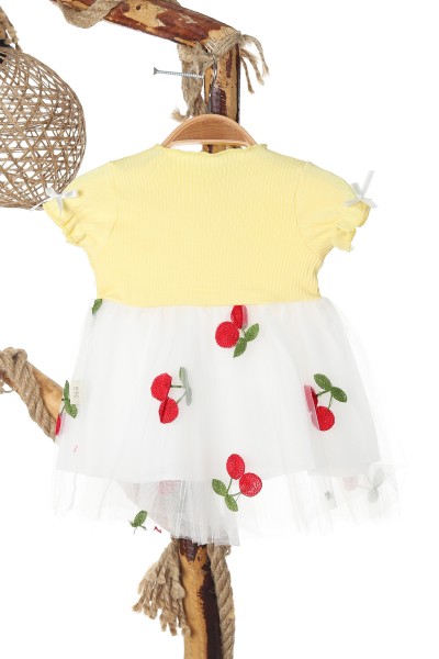 Sarı (6-18 Ay) Kiraz Nakışlı Bel Kurdeleli Kol Lastikli Kız Bebe Elbise 167903