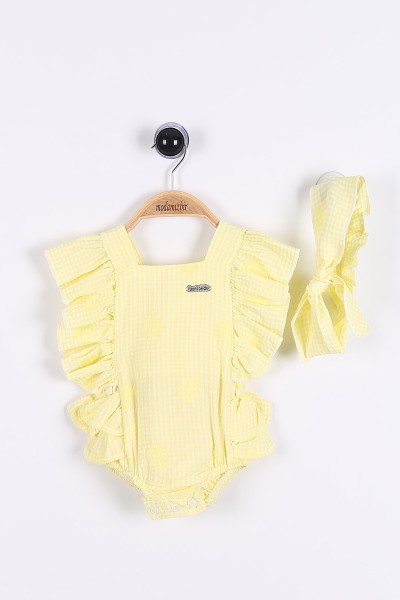 Sarı (6-18 Ay) Papatya Nakışlı Güpürlü Bandanalı Kız Bebe Tulum 175465