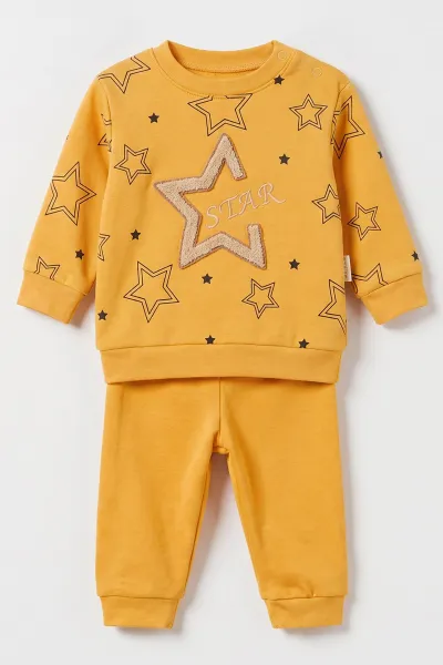 Sarı (6-18 Ay) Star Nakışlı Penye Erkek Bebek Mevsimlik Takım 488220