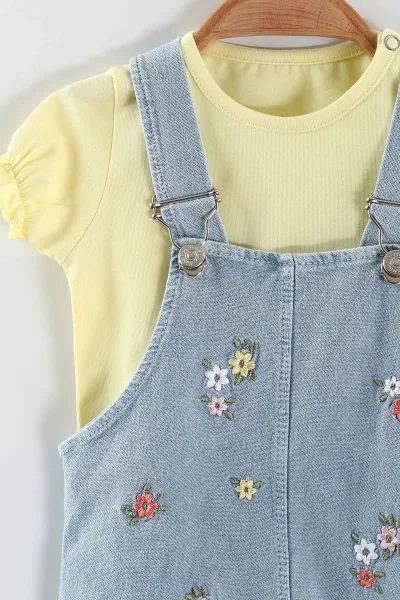 Sarı (6-24 Ay) Çiçek Nakışlı Ayarlanabilir Askılı Tişörtlü Kız Bebek Kot Tulum 445415