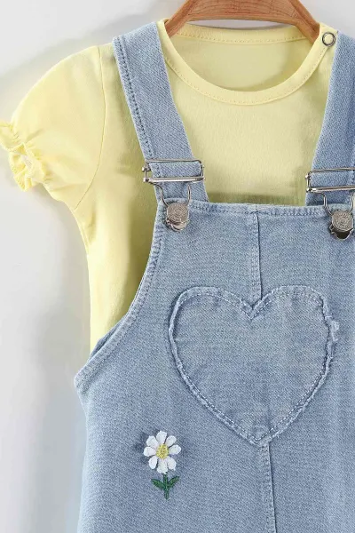 Sarı (6-24 Ay)  Papatya Nakışlı   Ayarlanabilir Askılı Tişörtlü  Kot Kız Bebek Elbise  445438