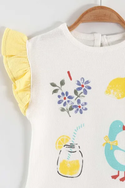 Sarı (6-24 Ay)Baskılı Koldan Fırfırlı Waffle  Kız Bebek  Yazlık Takım 440529
