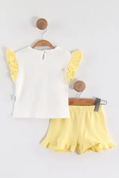 Sarı (6-24 Ay)Baskılı Koldan Fırfırlı Waffle  Kız Bebek  Yazlık Takım 440529