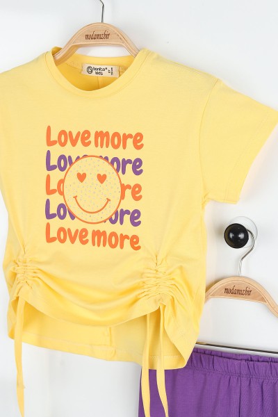Sarı (6-9 Yaş) Love More Baskılı Yandan Büzgülü Kız Çocuk Takım 169937