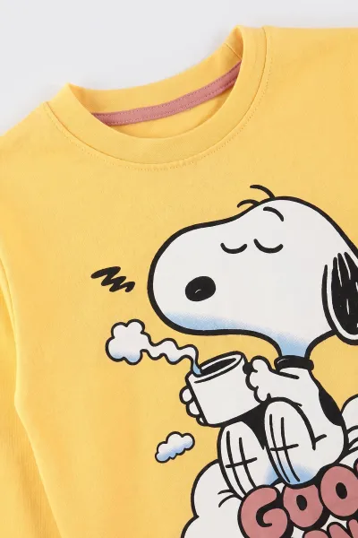 Sarı (7-11 Yaş) Good Morning Baskılı Ribana Kumaş Kız Çocuk Pijama Takımı 477073
