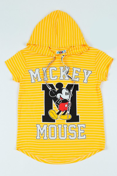Sarı (9-12 yaş) Kapşonlu Mickey Mouse Baskılı Kız Çocuk Tişört 105690