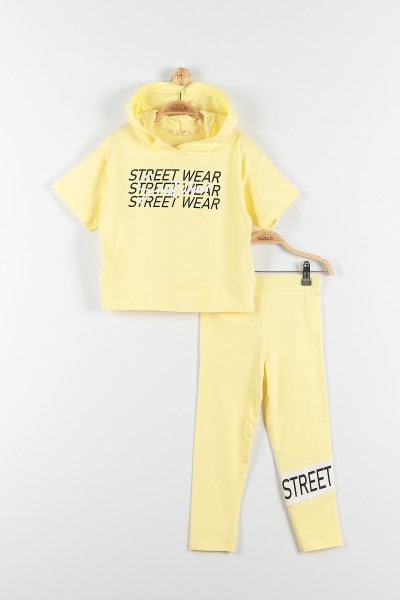 Sarı (9-12 Yaş) Street Wear Baskılı Kapüşon Detaylı Kız Çocuk Takım 176955