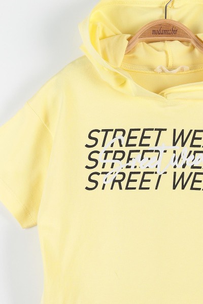 Sarı (9-12 Yaş) Street Wear Baskılı Kapüşon Detaylı Kız Çocuk Takım 176955