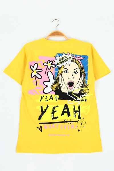 Sarı (9-12 yaş) Yeah Baskılı Kız Çocuk Tişört 116561