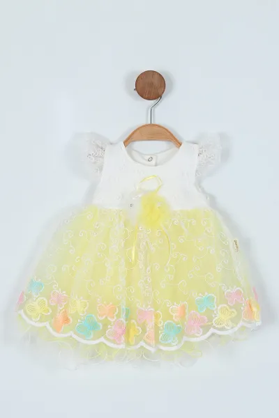 Sarı (9-18 Ay) Kelebek Nakışlı İç Astarlı Kız Bebek Elbise 272200