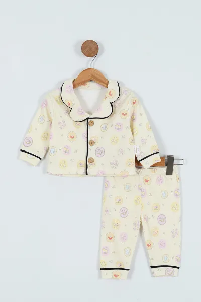 Sarı (9-24 Ay ) Çiçek Baskılı Düğme Detaylı Kız Bebek Pijama Takım 271200