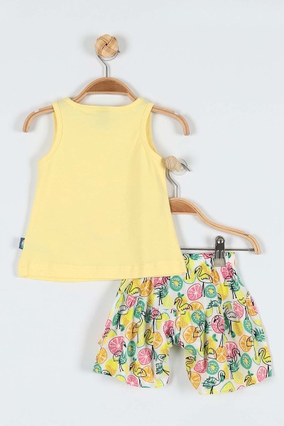 Sarı (9-24 Ay) Flamingo Çiçek Baskılı Omuz Fiyonk Detaylı Şortlu Kız Bebe Takım 182604