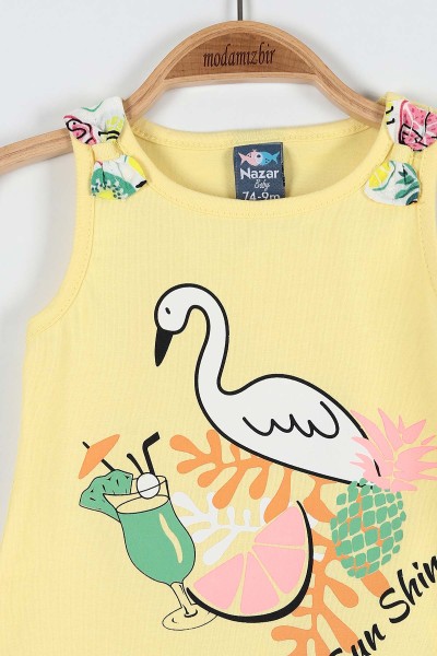 Sarı (9-24 Ay) Flamingo Çiçek Baskılı Omuz Fiyonk Detaylı Şortlu Kız Bebe Takım 182604
