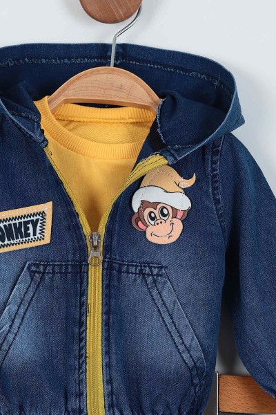 Sarı (9-24 Ay) Kanguru Cep Detaylı Üçlü Kot Erkek Bebe Takım 222874