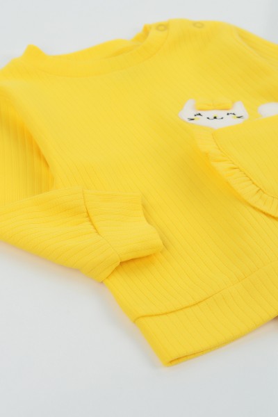 Sarı (9-24 Ay) Kedi Nakışlı İnterlok Kız Çocuk Takım 134504