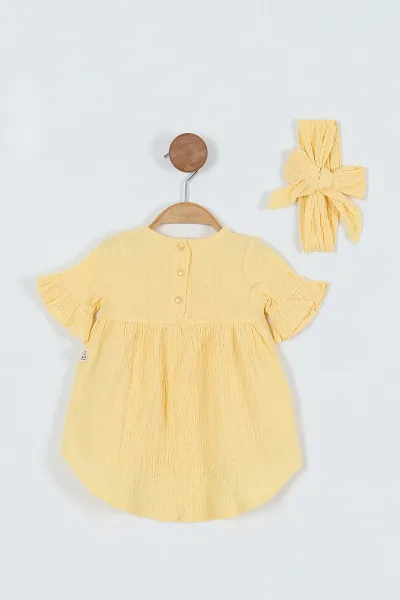 Sarı (9-24 Ay) Müslin Kumaş Bebe Yaka Bandanalı Kız Bebek Takım 263830