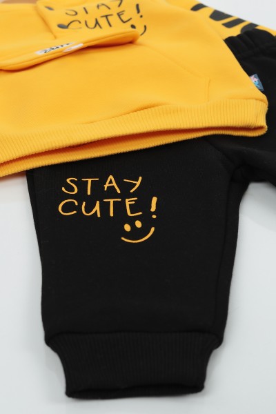 Sarı (9-24 Ay) Stay Cute Baskılı Kapak Cepli Üç İp Şardonlu Erkek Çocuk Takım 136797