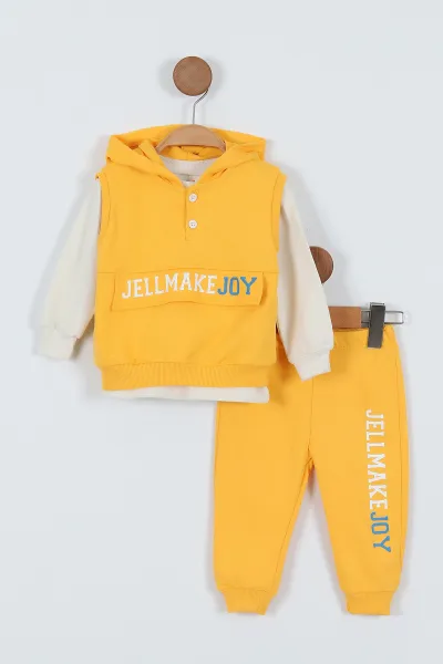 Sarı (9-24 Ay)Kolsuz Kapüşonlu Sweatshirtlü Erkek Bebek Takım 345278
