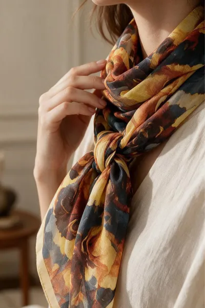 Sarı 90x90 Cm Dijital Baskılı Fiore Desen Kutulu Twill Eşarp 500886