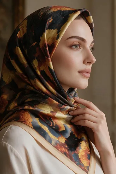Sarı 90x90 Cm Dijital Baskılı Fiore Desen Kutulu Twill Eşarp 500886