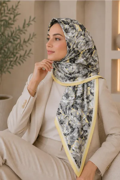 Sarı 95x95 Cm Dijital Baskılı Botanik Desen Soft Eşarp 473306