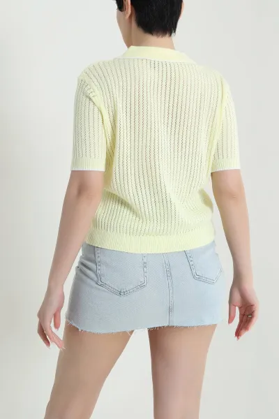Sarı Ajurlu Polo Yaka Kadın Triko 462404