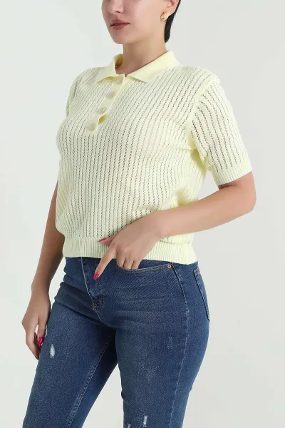 Sarı Ajurlu Polo Yaka Triko 477705