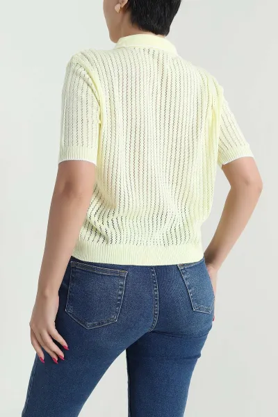 Sarı Ajurlu Polo Yaka Triko 477705