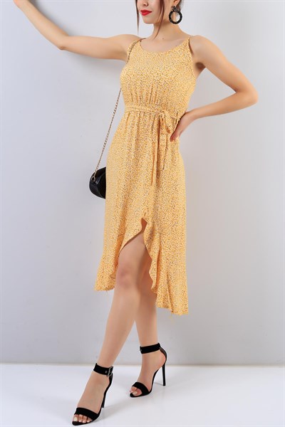 Sarı Askılı Çiçek Desenli Bayan Elbise 16044B