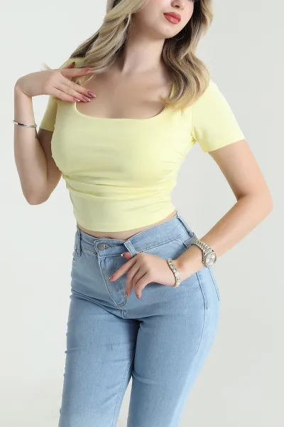 Sarı Bağlamalı Büzgülü Crop Bluz 477665