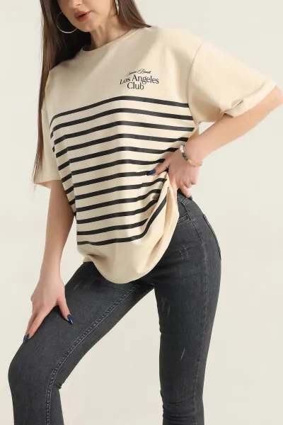 Sarı Baskılı Bisiklet Yaka Oversize Bayan Tişört 337669