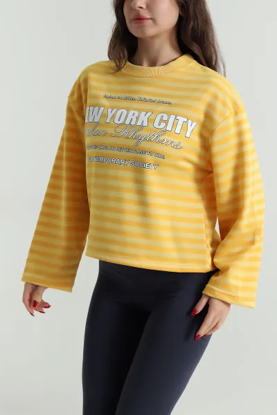 Sarı Baskılı Çizgili Üç İp Kadın Sweat 495933