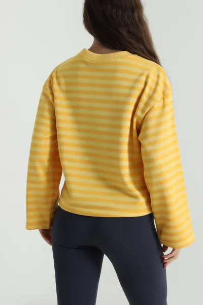 Sarı Baskılı Çizgili Üç İp Kadın Sweat 495933