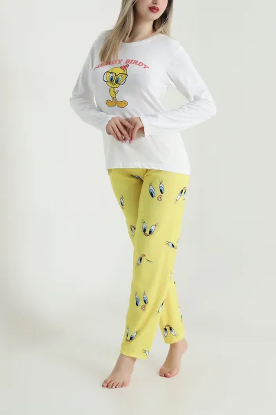 Sarı Baskılı Modal Kadın Pijama Takımı 484527